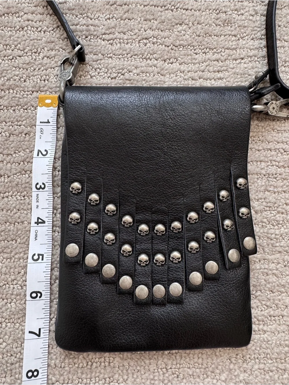 Harley-Davidson Black Leather Skull Fringe Crossbody 5x7” Bag Biker Gothic Rock